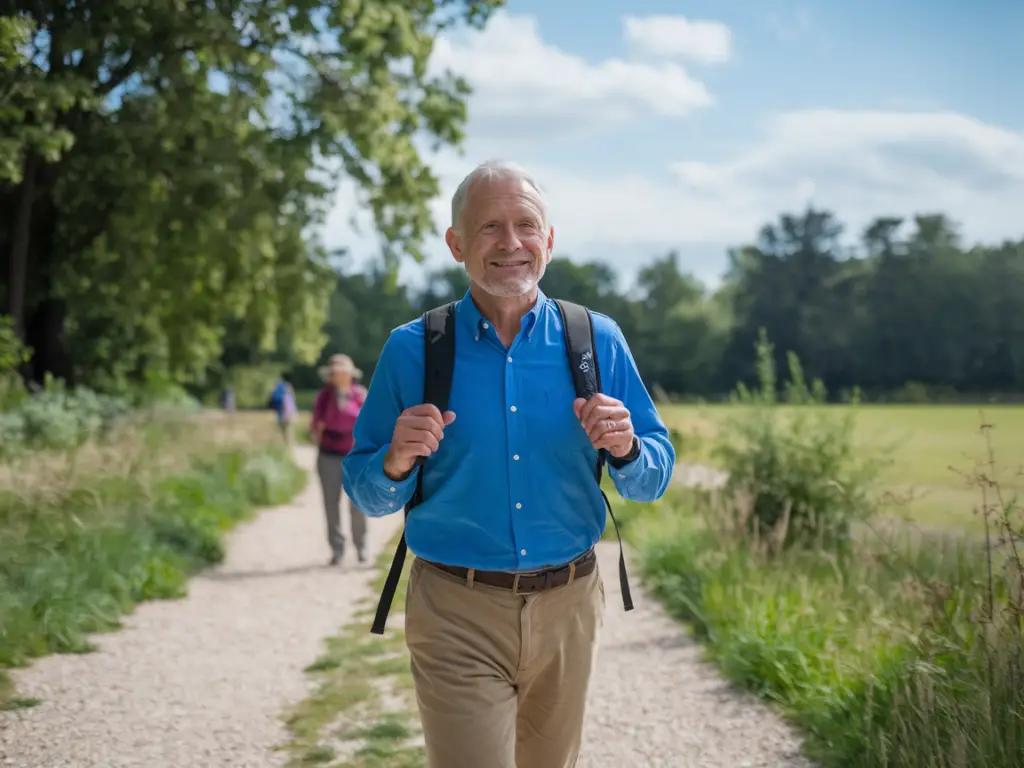 A senior man enjoying a walk or hike in a sunny park. 