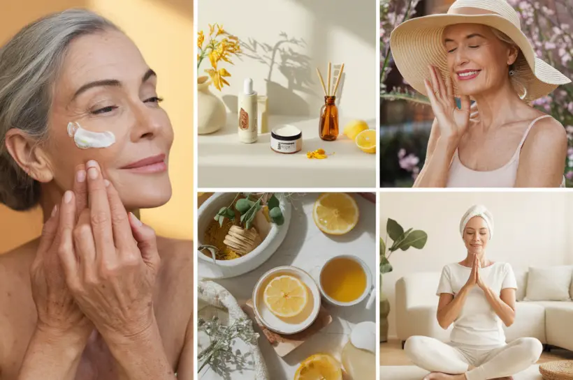 A serene close-up of a woman in her 50s gently applying a natural cream infused with herbs and flowers