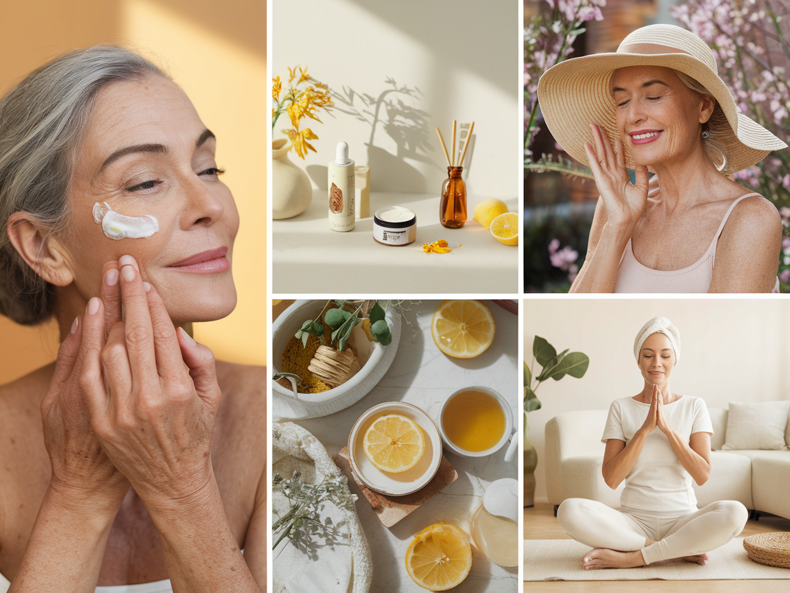 A serene close-up of a woman in her 50s gently applying a natural cream infused with herbs and flowers