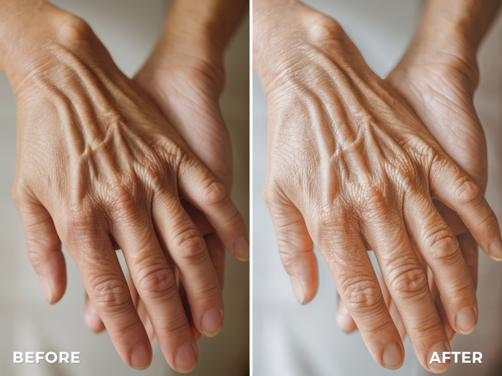 Before and after photos showing natural treatment results for age spots on hands