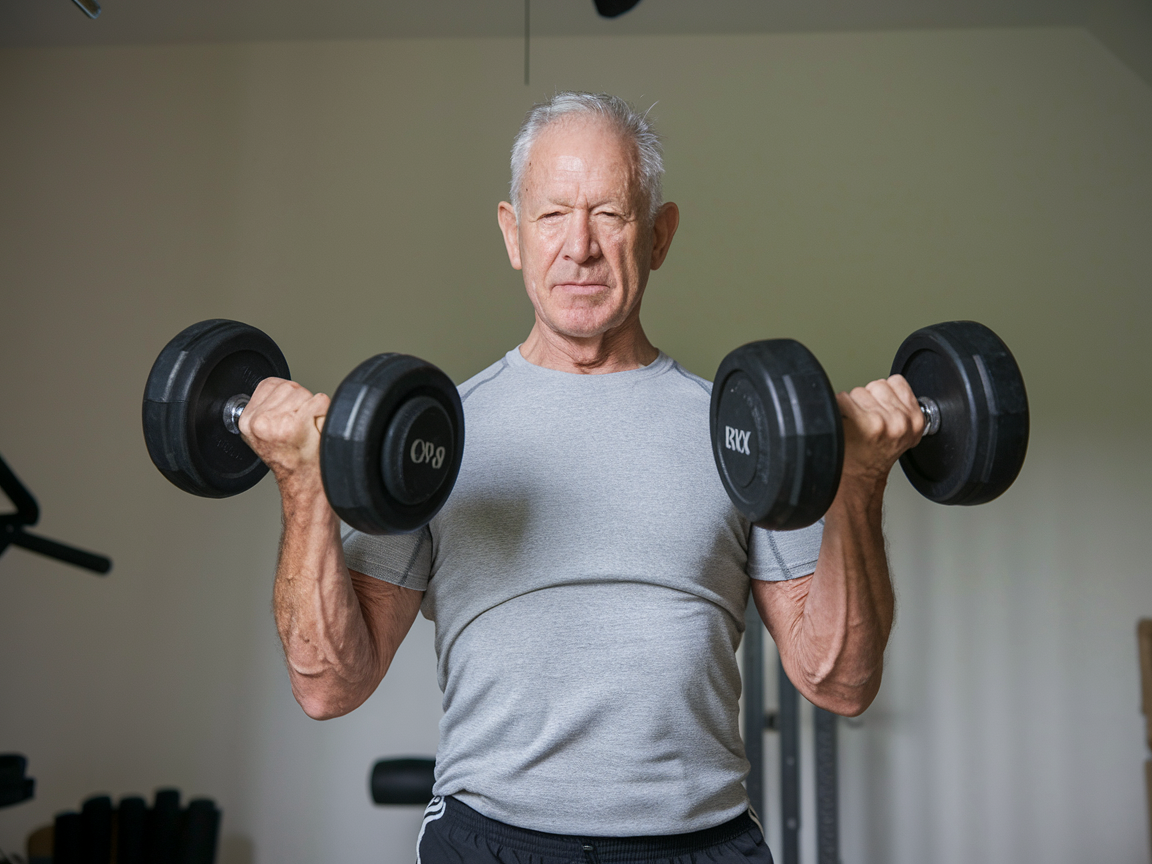 Man over 50 demonstrating proper dumbbell press technique during strength training