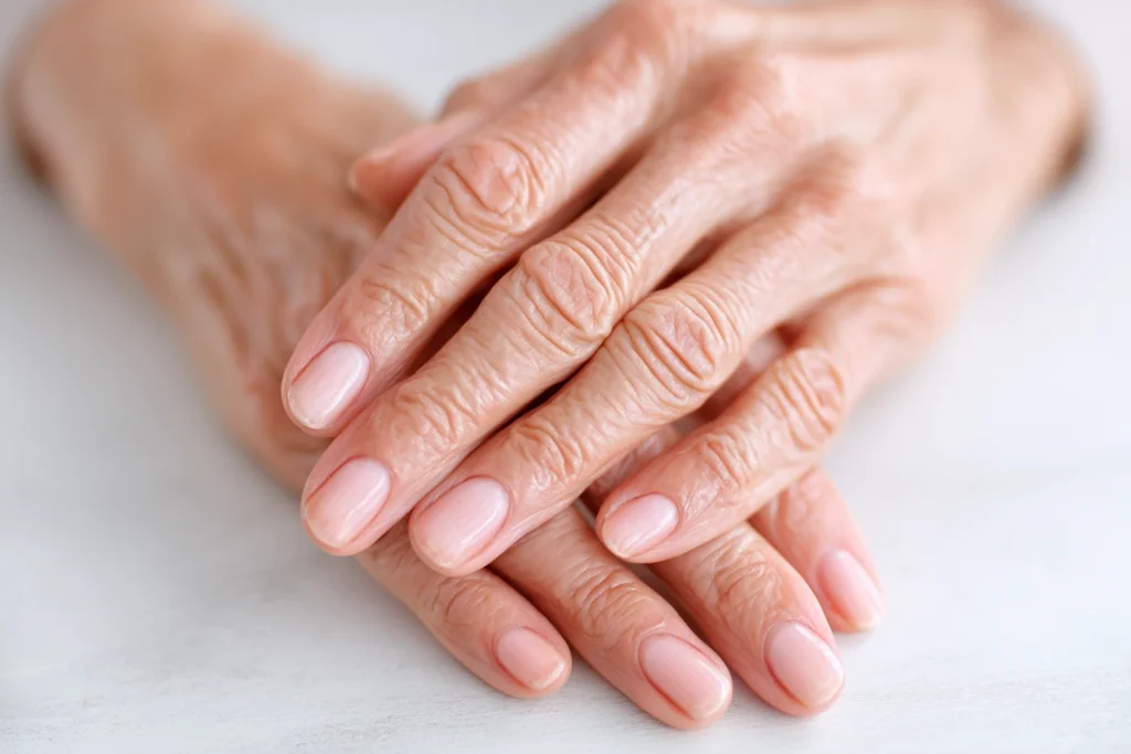 Close-up photograph of elderly hands showing healthy, resilient skin, soft natural lighting