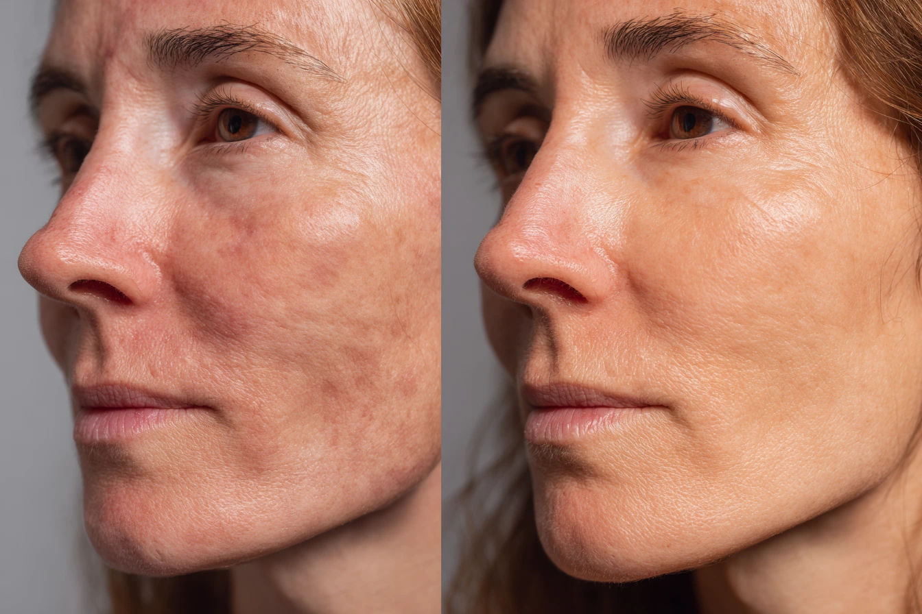 Split image showing skin improvement over time, subtle before and after comparison, natural lighting, medical documentation style, hopeful and encouraging mood