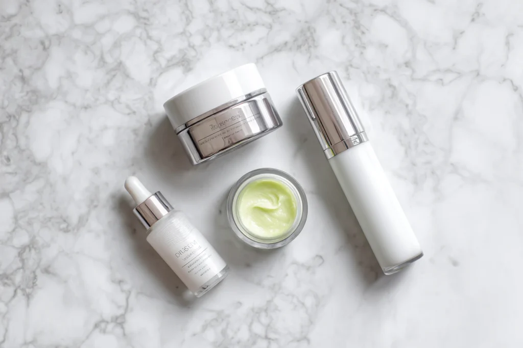 Flat lay of dermatologist-recommended skincare products for mature skin